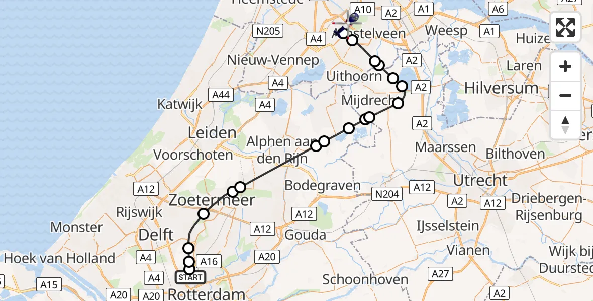 Vluchtroute Politiehelikopter van Rotterdam The Hague Airport naar Amsterdam Vliegveld Schiphol