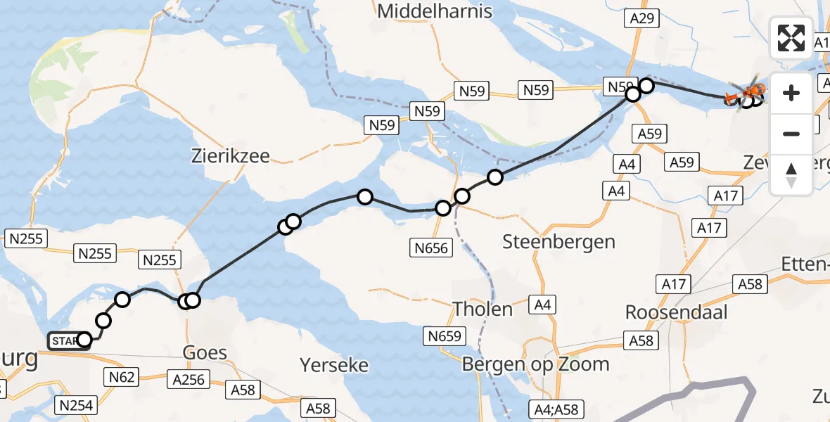 Vluchtroute Kustwachthelikopter van Vliegveld Midden-Zeeland naar Hollandsch Diep