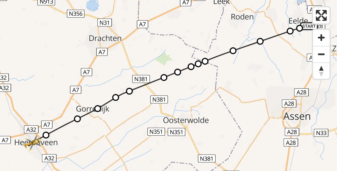 Vluchtroute Traumahelikopter van Groningen Airport Eelde naar Heerenveen