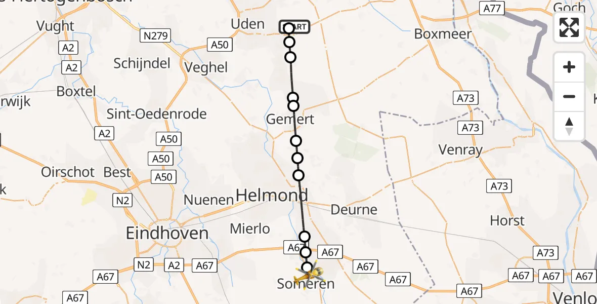 Vluchtroute Traumahelikopter van Vliegbasis Volkel naar Someren