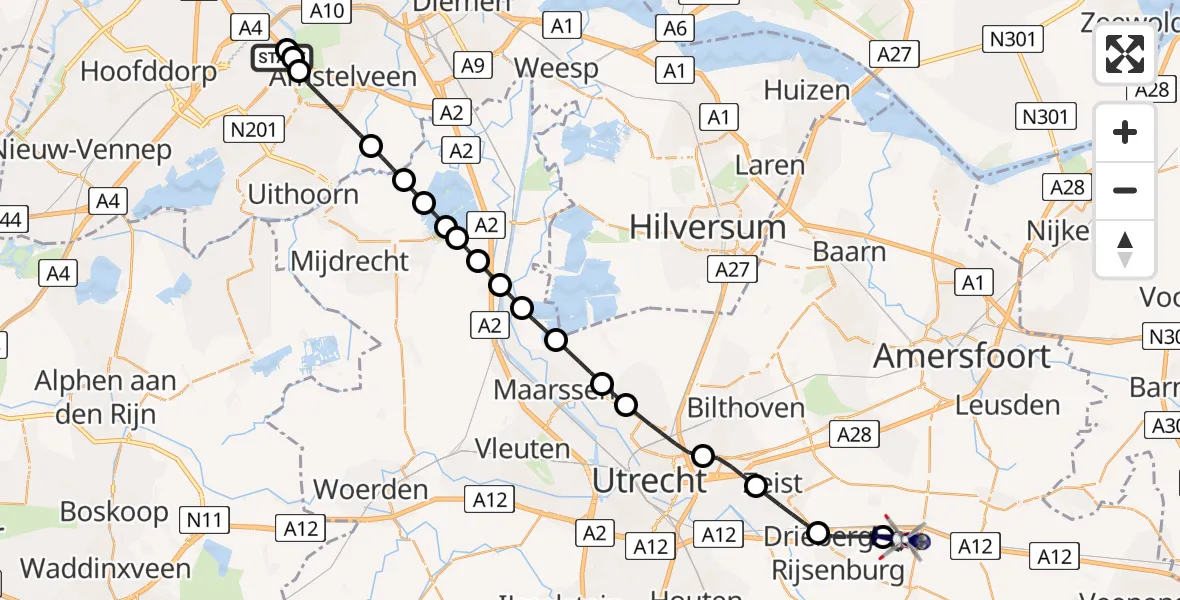 Vluchtroute Politiehelikopter van Amsterdam Vliegveld Schiphol naar Doorn