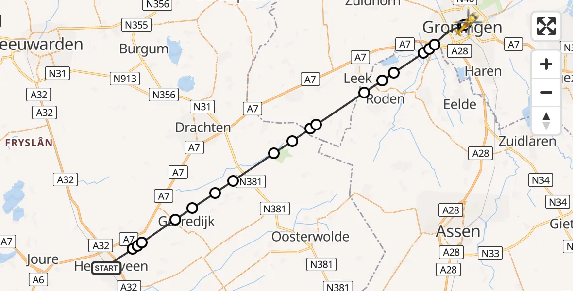 Vluchtroute Traumahelikopter van Heerenveen naar Universitair Medisch Centrum Groningen