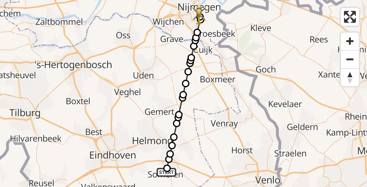 Vluchtroute Traumahelikopter van Someren naar Radboud University Medical Center Heliport
