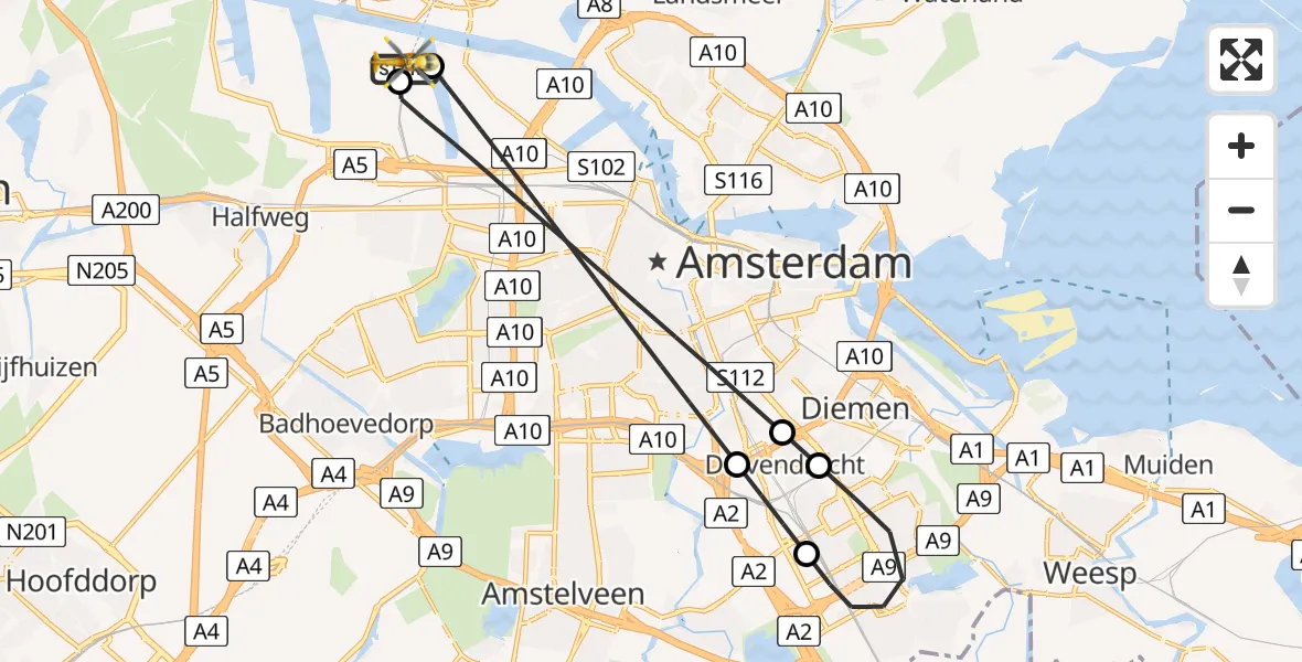 Vluchtroute Traumahelikopter van Amsterdam Heliport naar Amsterdam Heliport