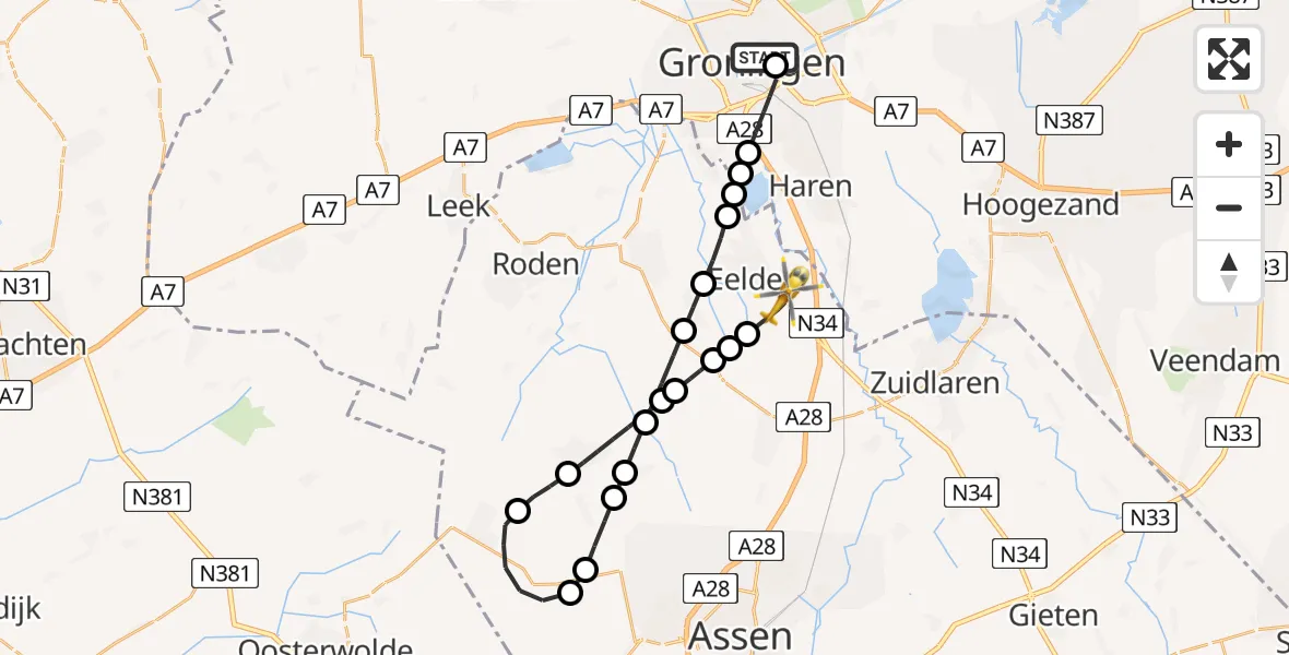 Vluchtroute Traumahelikopter van Universitair Medisch Centrum Groningen naar Groningen Airport Eelde