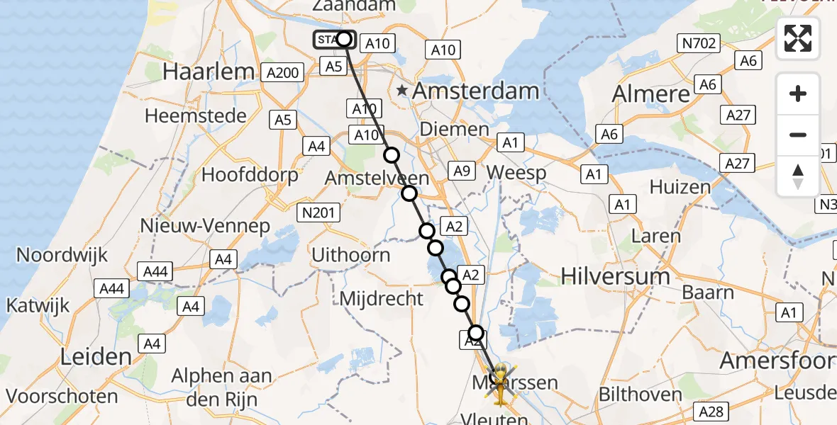 Vluchtroute Traumahelikopter van Amsterdam Heliport naar Maarssen