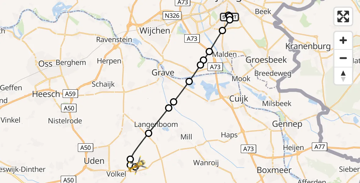 Vluchtroute Traumahelikopter van Radboud Universitair Medisch Centrum naar Vliegbasis Volkel