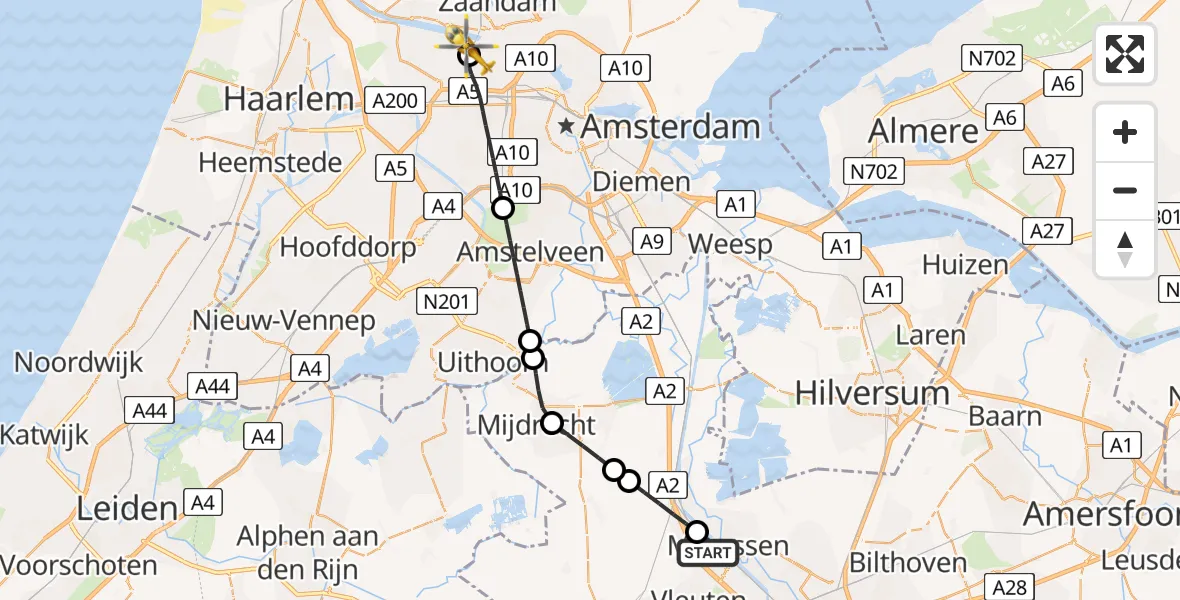 Vluchtroute Traumahelikopter van Maarssen naar Amsterdam Heliport