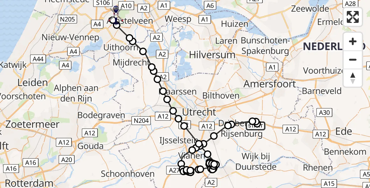 Routekaart van de vlucht: Politiehelikopter naar Amsterdam Vliegveld Schiphol