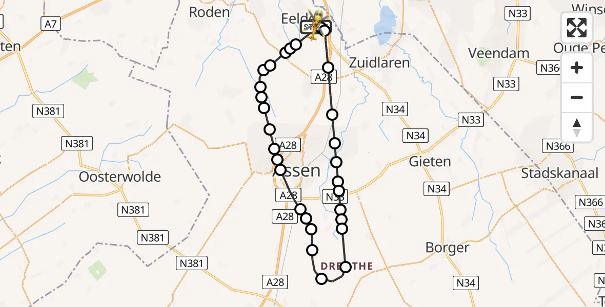 Vluchtroute Traumahelikopter van Groningen Airport Eelde naar Groningen Airport Eelde