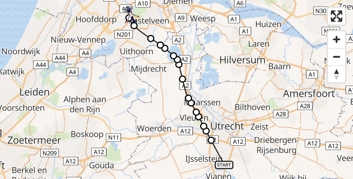 Vluchtroute Politiehelikopter van Nieuwegein naar Amsterdam Vliegveld Schiphol