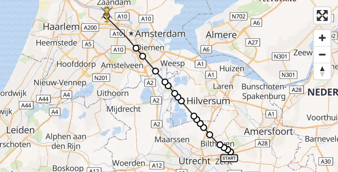 Vluchtroute Traumahelikopter van Zeist naar Amsterdam Heliport