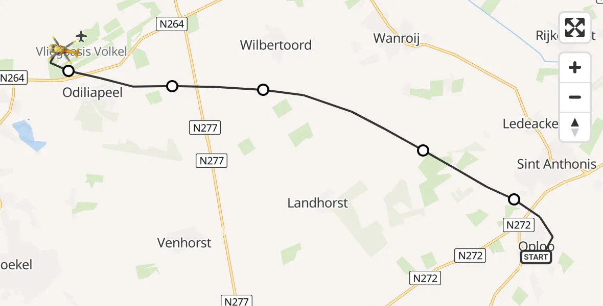 Vluchtroute Traumahelikopter van Oploo naar Vliegbasis Volkel