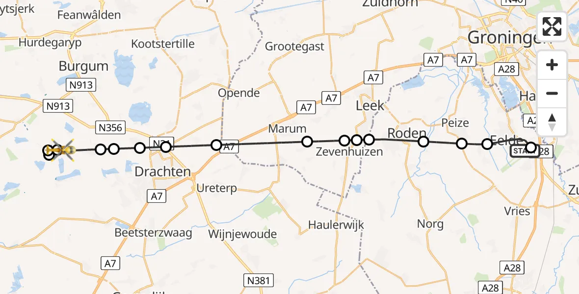 Vluchtroute Traumahelikopter van Groningen Airport Eelde naar Oudega