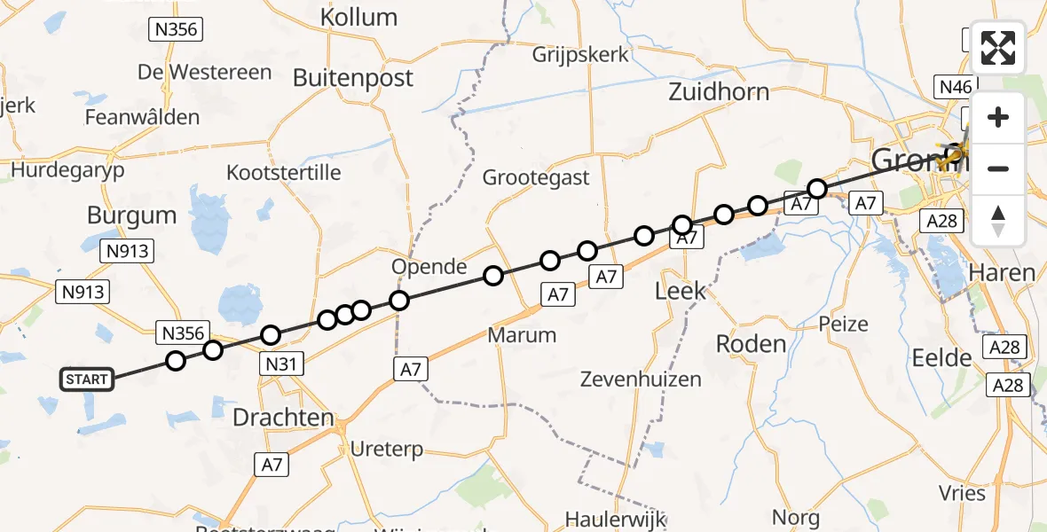 Vluchtroute Traumahelikopter van Oudega naar Universitair Medisch Centrum Groningen