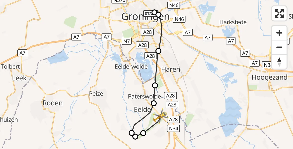 Vluchtroute Traumahelikopter van Universitair Medisch Centrum Groningen naar Groningen Airport Eelde