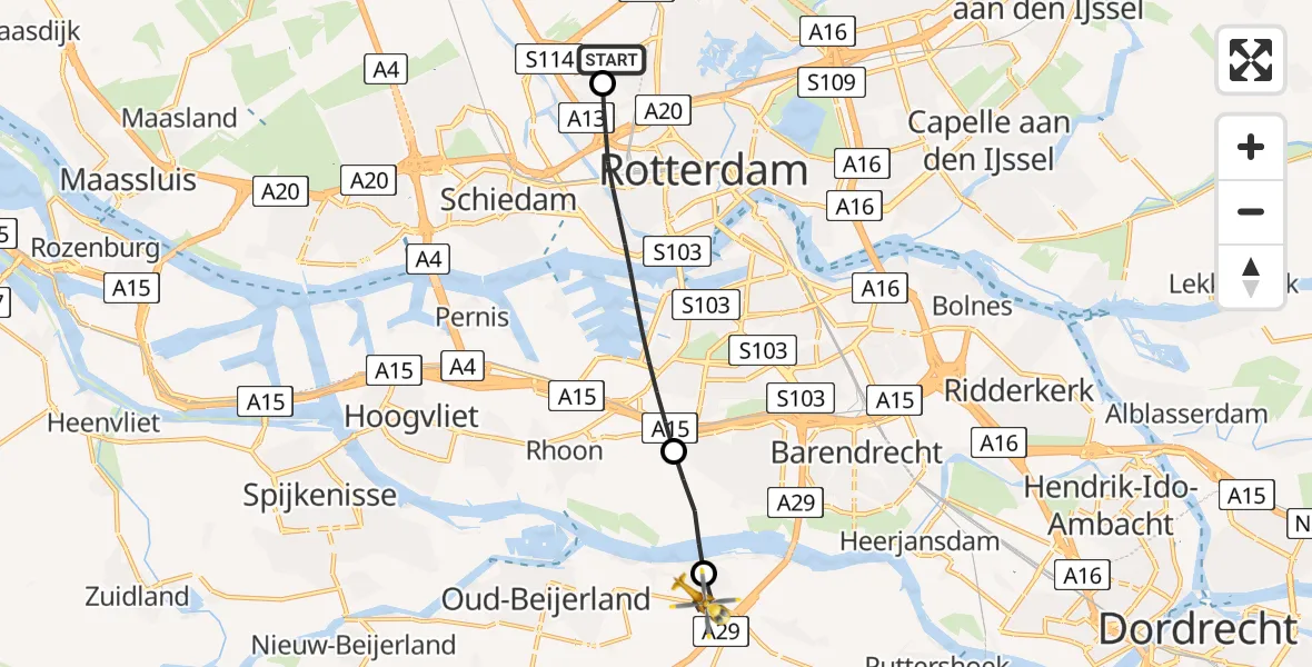 Vluchtroute Traumahelikopter van Rotterdam The Hague Airport naar Heinenoord