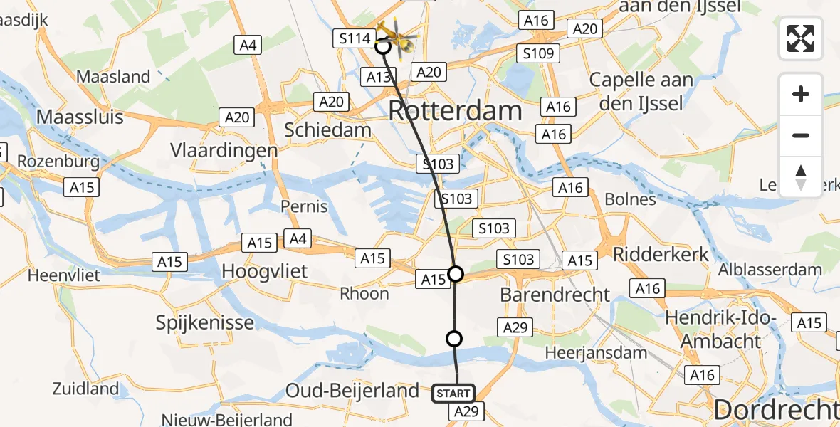 Vluchtroute Traumahelikopter van Heinenoord naar Rotterdam The Hague Airport