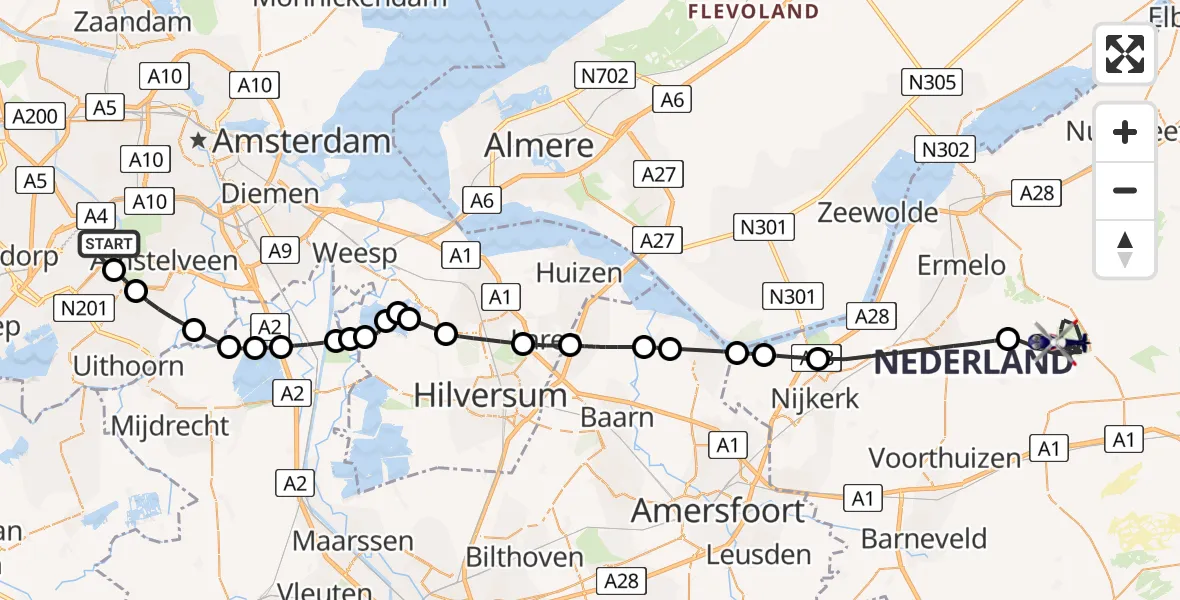 Vluchtroute Politiehelikopter van Amsterdam Vliegveld Schiphol naar Ermelo