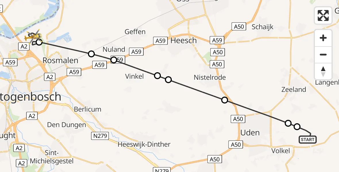 Vluchtroute Traumahelikopter van Vliegbasis Volkel naar 's-Hertogenbosch