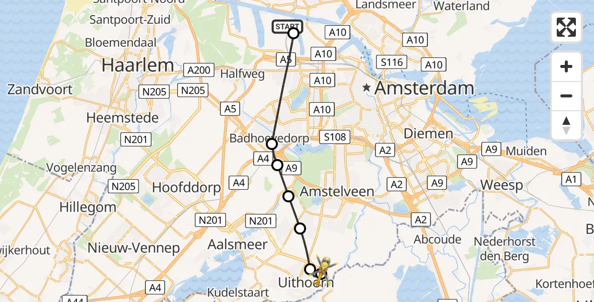 Vluchtroute Traumahelikopter van Amsterdam Heliport naar Amstelveen