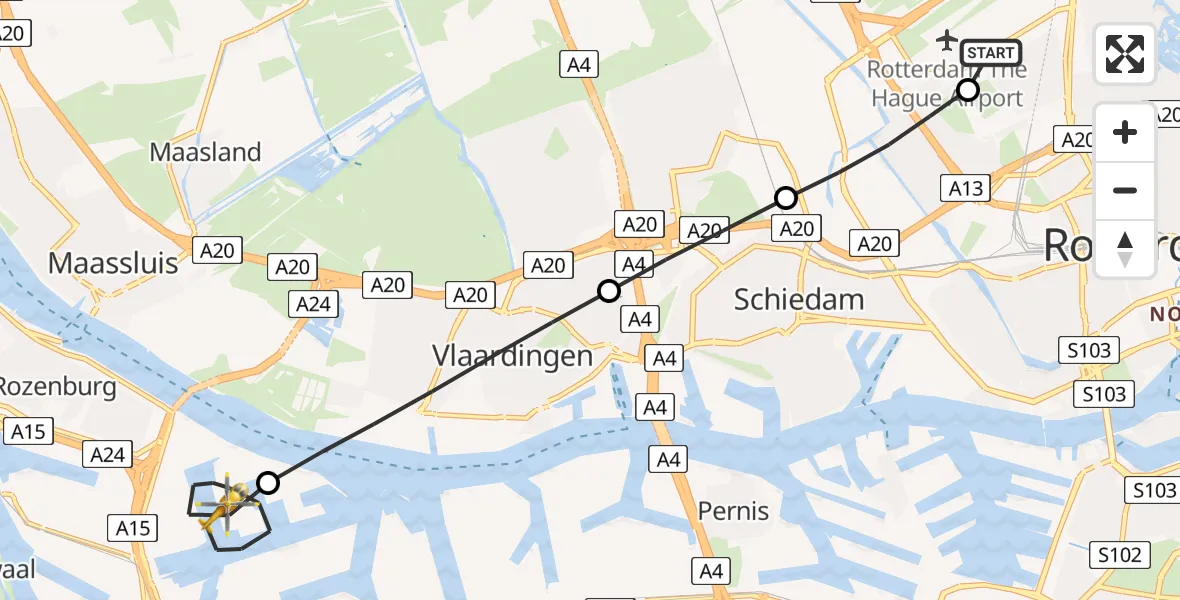 Vluchtroute Traumahelikopter van Rotterdam The Hague Airport naar Botlek Rotterdam
