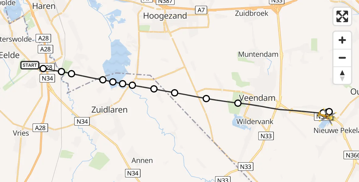 Vluchtroute Traumahelikopter van Groningen Airport Eelde naar Nieuwe Pekela