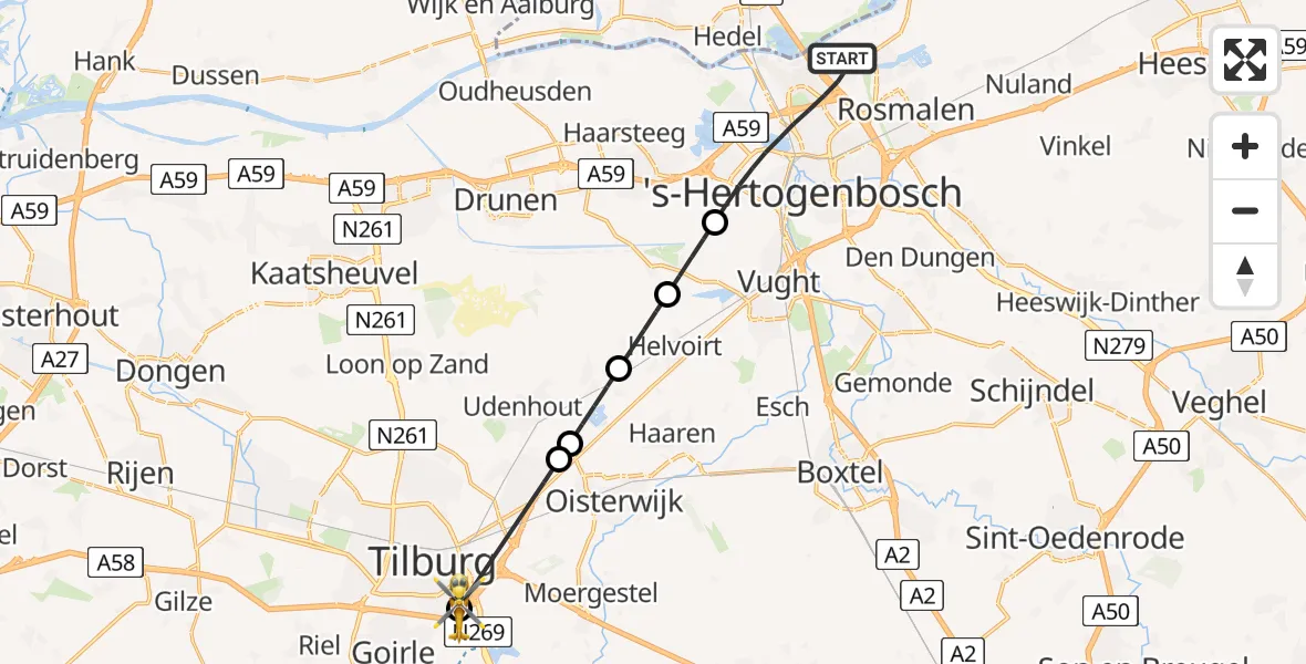 Vluchtroute Traumahelikopter van 's-Hertogenbosch naar St. Elisabeth Hospital Heliport