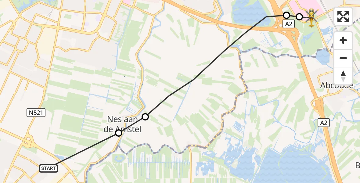 Vluchtroute Traumahelikopter van Uithoorn naar Amsterdam UMC Helipad