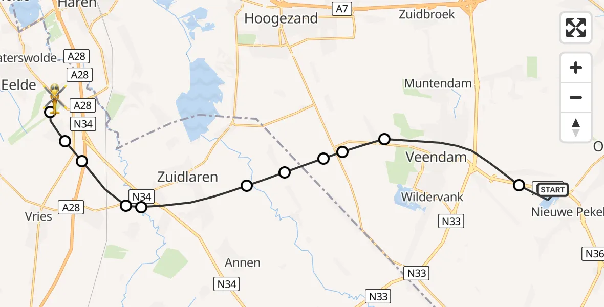Vluchtroute Traumahelikopter van Nieuwe Pekela naar Groningen Airport Eelde