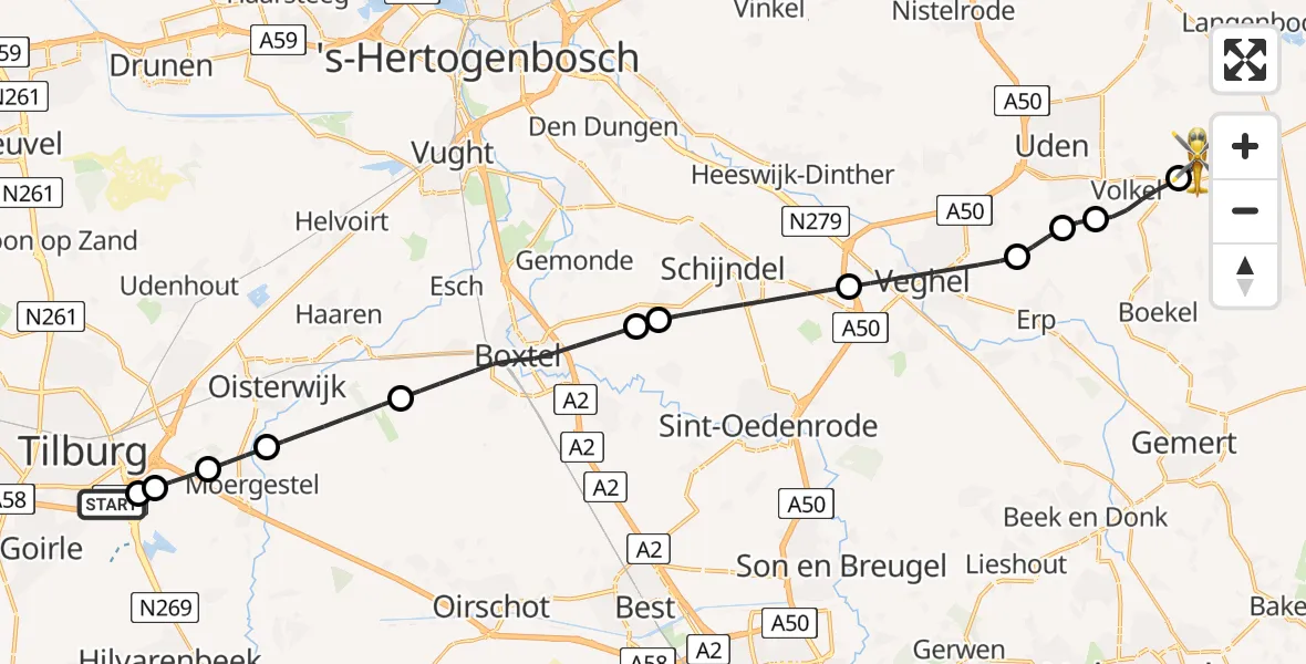 Vluchtroute Traumahelikopter van St. Elisabeth Hospital Heliport naar Vliegbasis Volkel