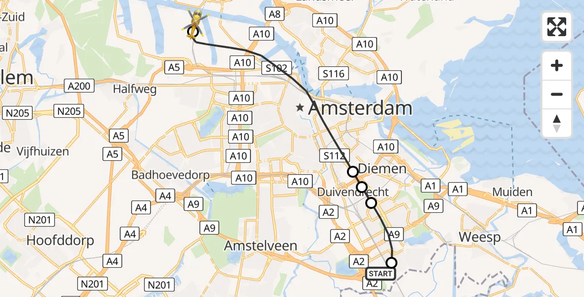 Vluchtroute Traumahelikopter van Amsterdam UMC Helipad naar Amsterdam Heliport