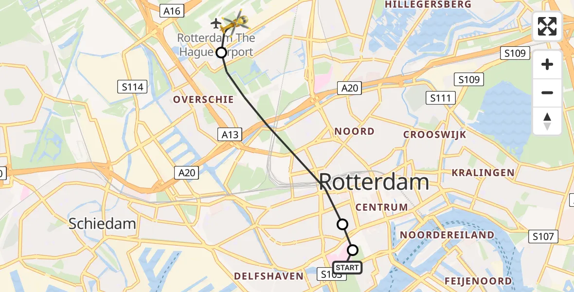 Vluchtroute Traumahelikopter van Erasmus MC naar Rotterdam The Hague Airport