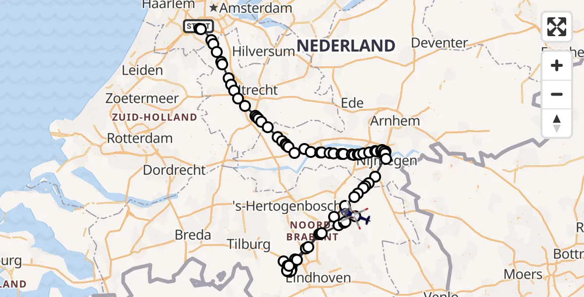 Vluchtroute Politiehelikopter van Amsterdam Vliegveld Schiphol naar Vliegbasis Volkel