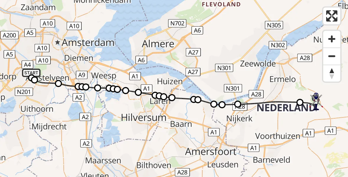 Vluchtroute Politiehelikopter van Amsterdam Vliegveld Schiphol naar Ermelo