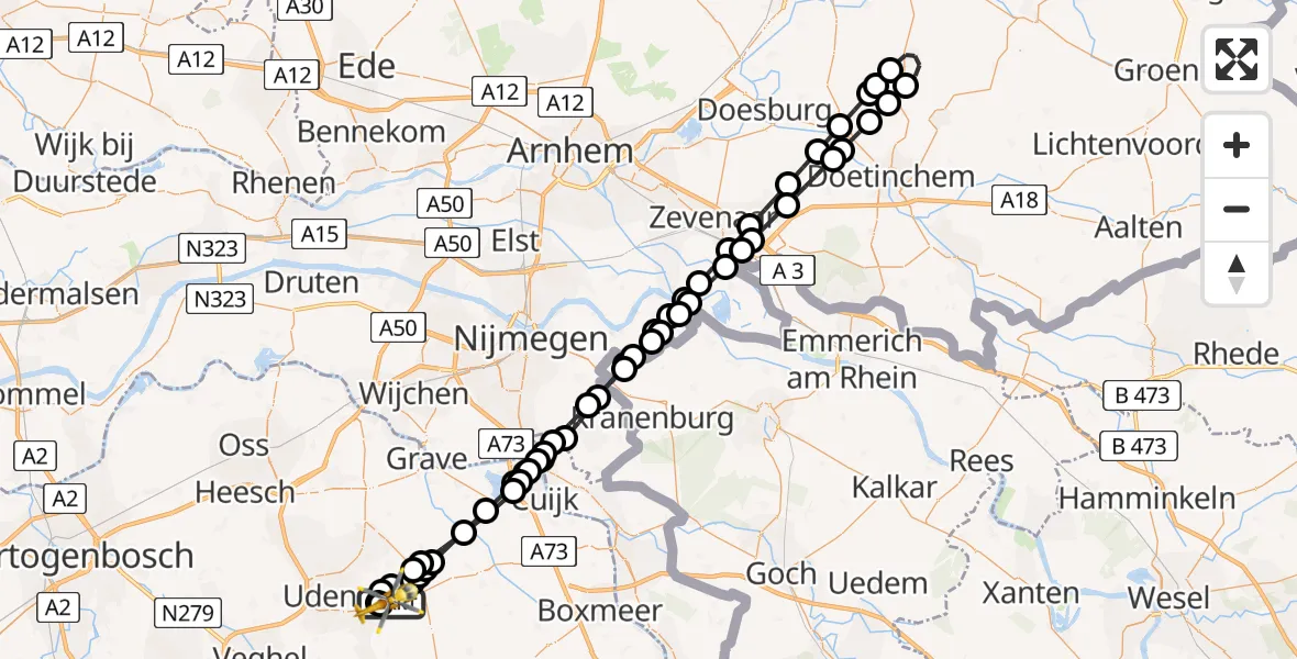Vluchtroute Traumahelikopter van Vliegbasis Volkel naar Vliegbasis Volkel