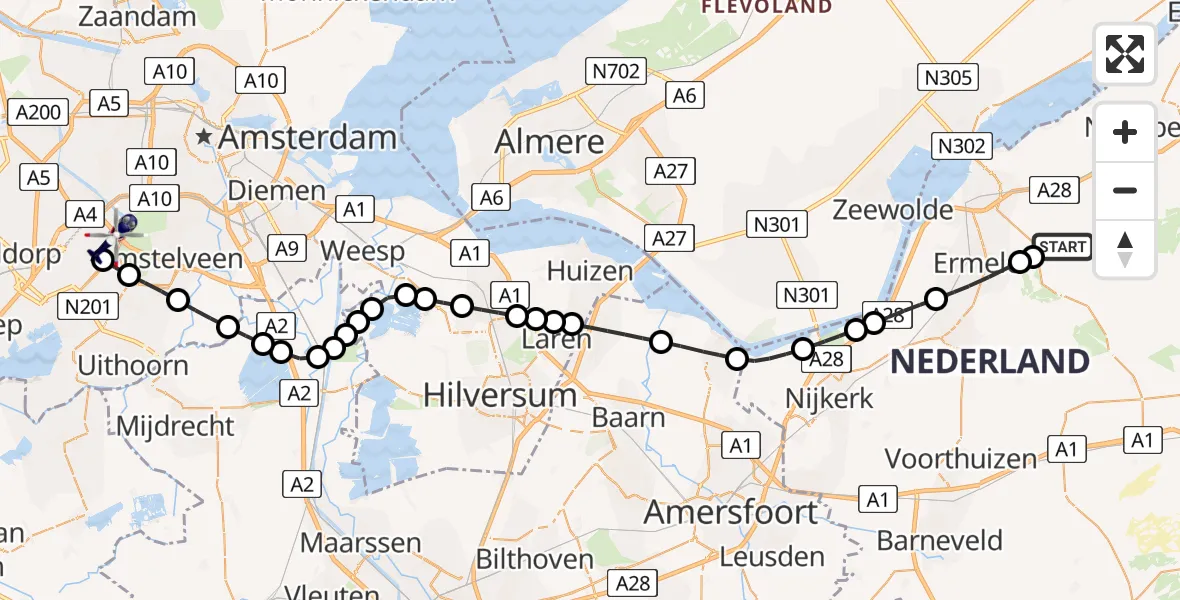 Vluchtroute Politiehelikopter van Ermelo naar Amsterdam Vliegveld Schiphol