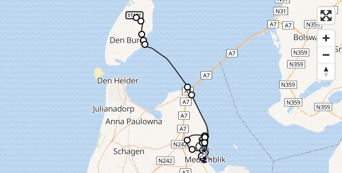 Vluchtroute Politiehelikopter van Texel International Airport naar Wieringerwerf