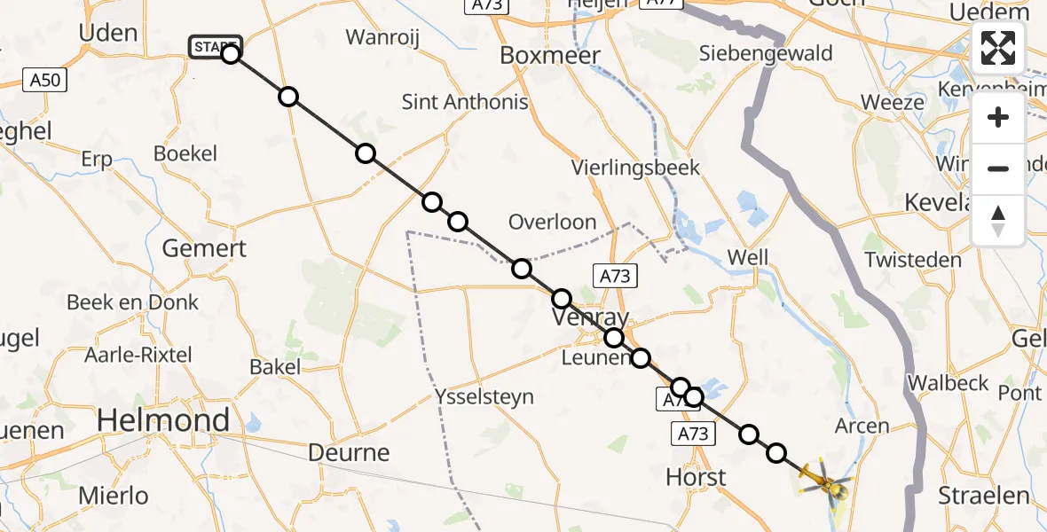 Vluchtroute Traumahelikopter van Vliegbasis Volkel naar Lottum