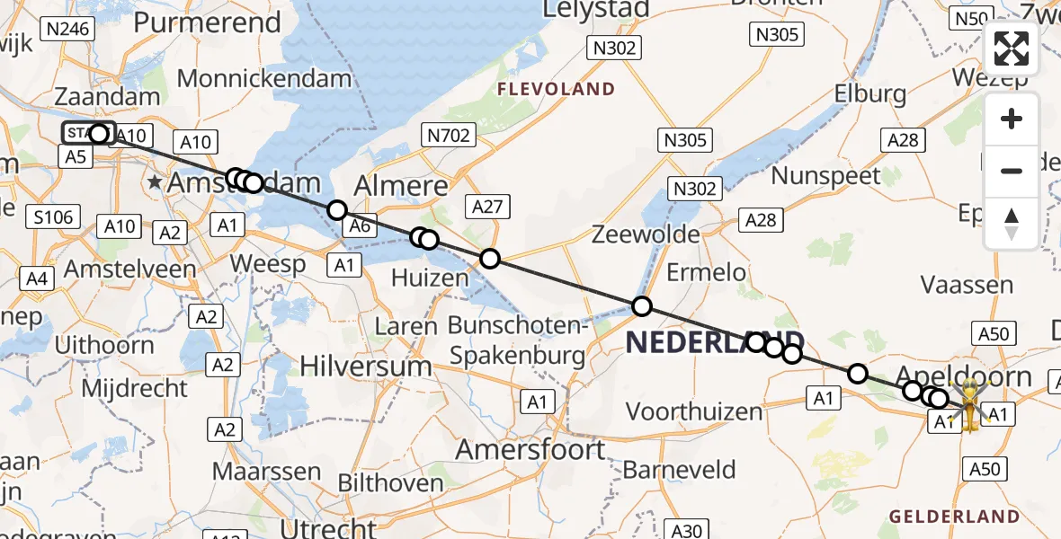 Vluchtroute Traumahelikopter van Amsterdam Heliport naar Apeldoorn
