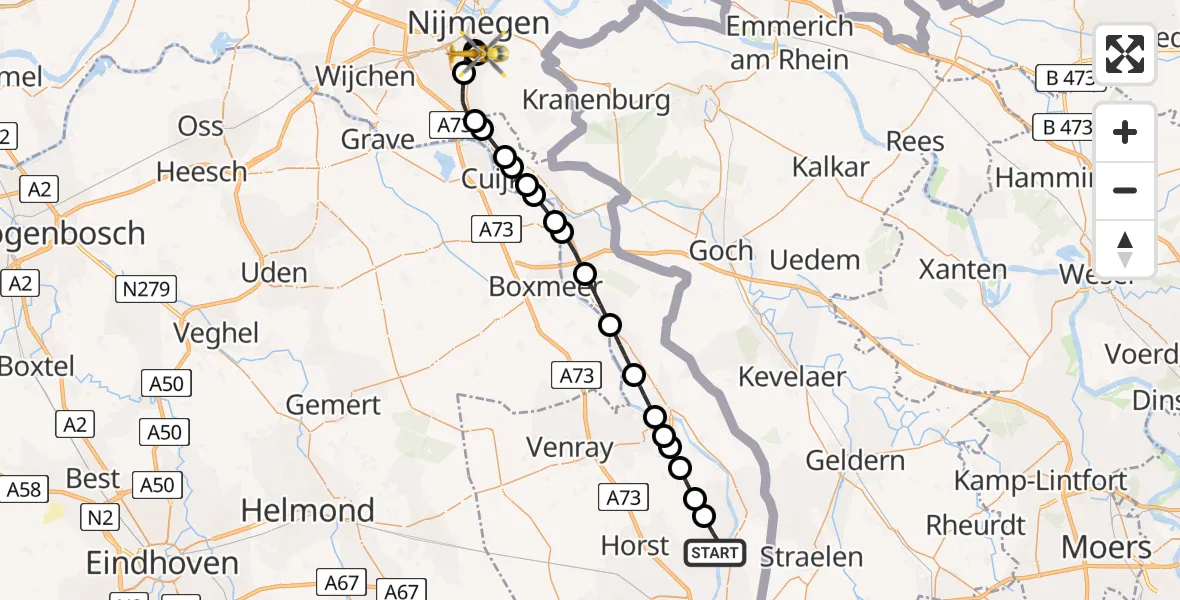 Vluchtroute Traumahelikopter van Lottum naar Radboud University Medical Center Heliport