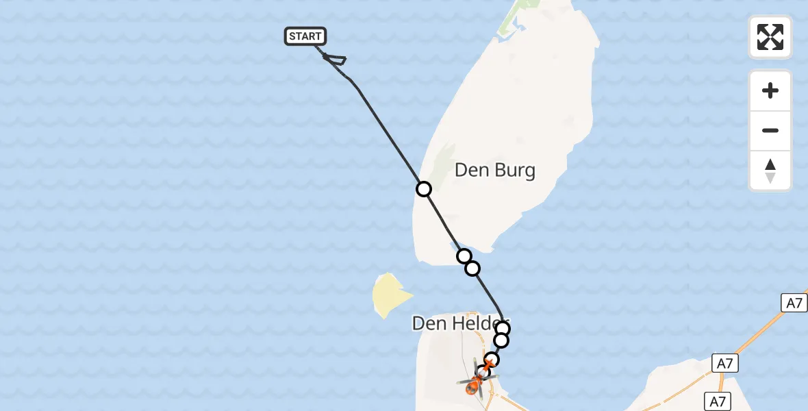 Vluchtroute Kustwachthelikopter van Noordzee naar Militair vliegveld De Kooy / Den Helder Airport