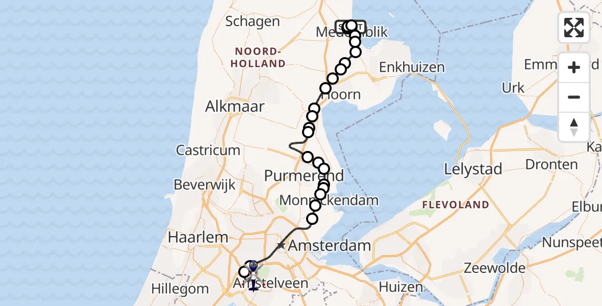 Vluchtroute Politiehelikopter van Wieringerwerf naar Amsterdam Vliegveld Schiphol