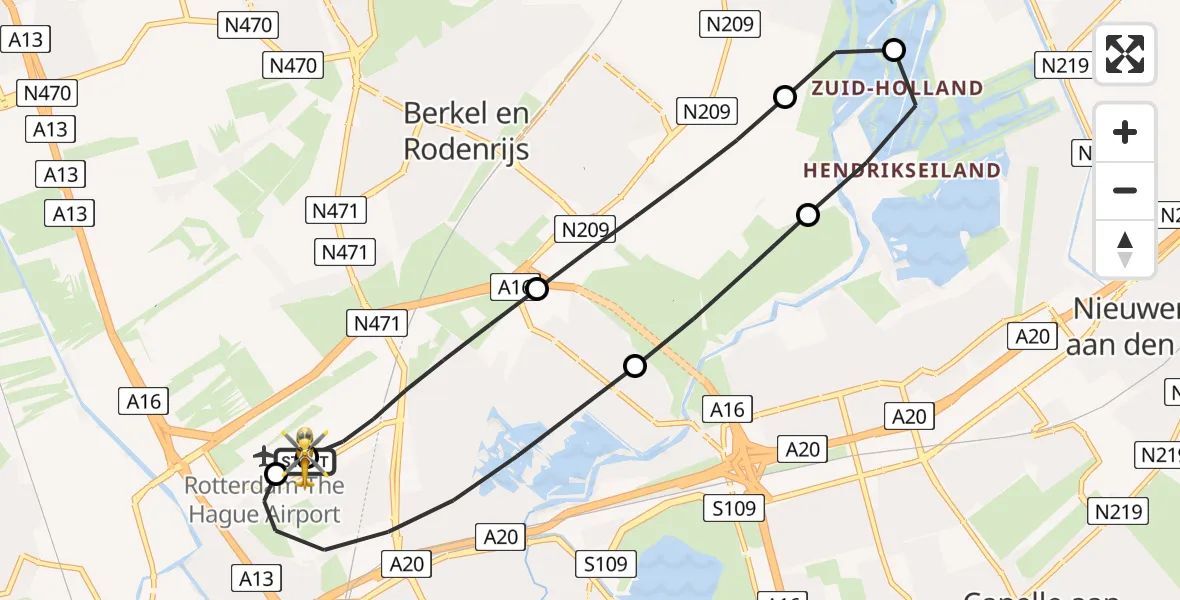 Vluchtroute Traumahelikopter van Rotterdam The Hague Airport naar Rotterdam The Hague Airport