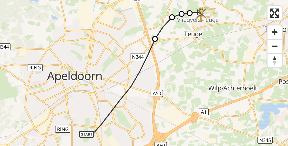 Vluchtroute Traumahelikopter van Apeldoorn naar Vliegveld Teuge