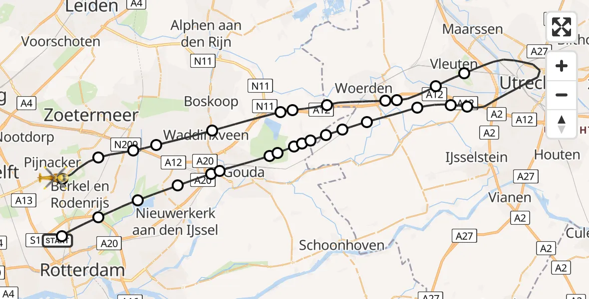 Vluchtroute Traumahelikopter van Rotterdam The Hague Airport naar Pijnacker