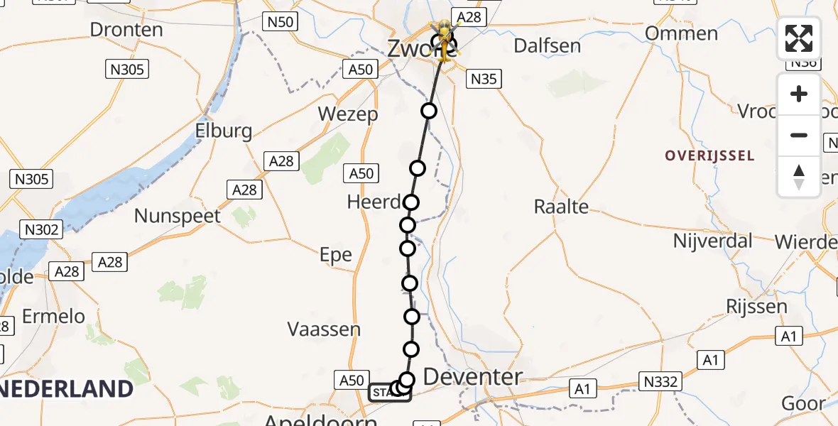 Vluchtroute Traumahelikopter van Vliegveld Teuge naar Isala Hospital Zwolle Heliport
