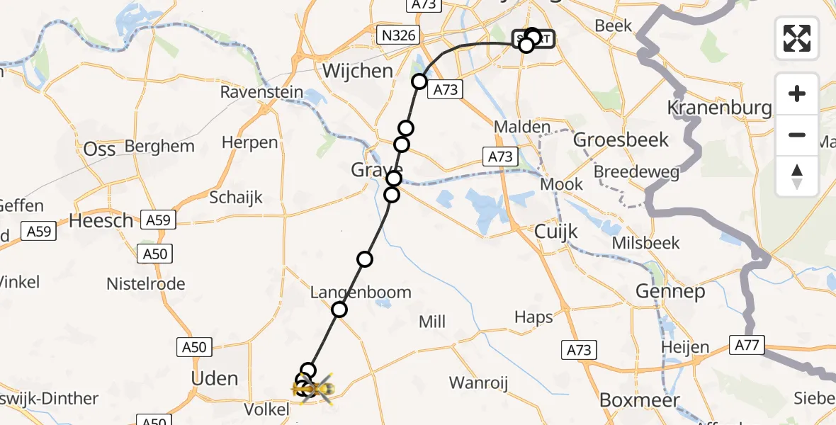 Vluchtroute Traumahelikopter van Radboud Universitair Medisch Centrum naar Vliegbasis Volkel