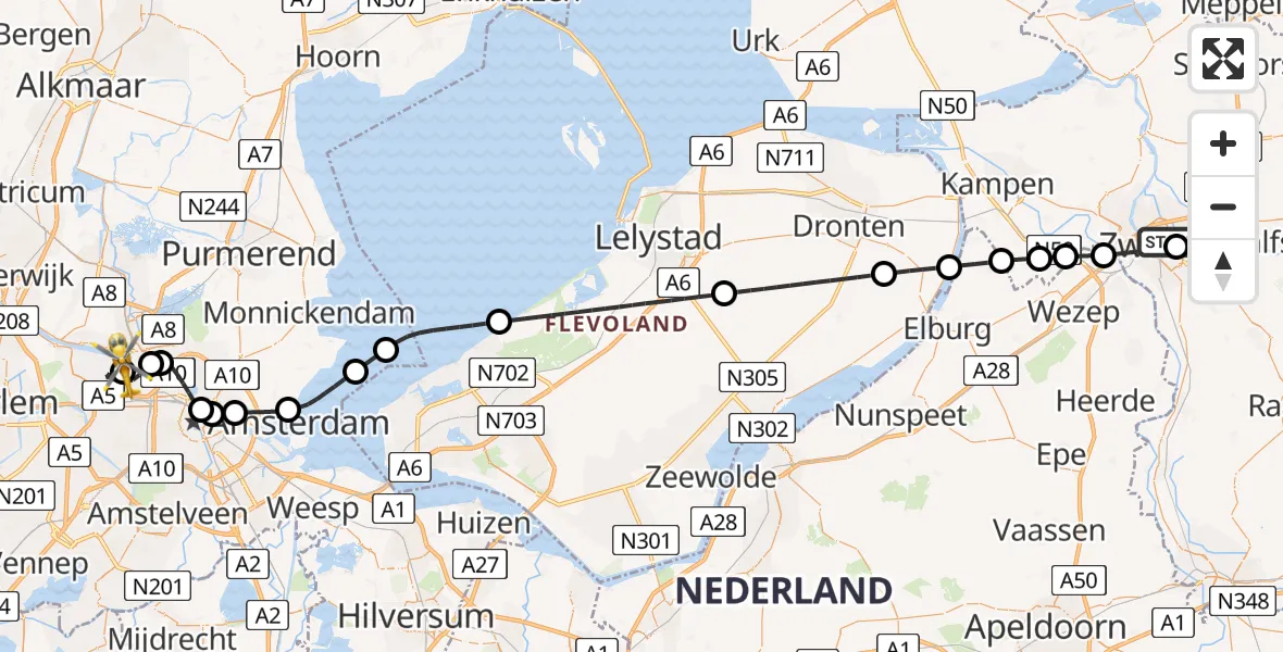 Vluchtroute Traumahelikopter van Isala Hospital Zwolle Heliport naar Amsterdam Heliport