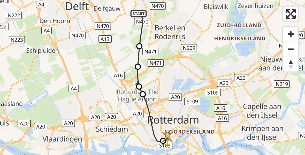 Vluchtroute Traumahelikopter van Pijnacker naar Erasmus MC